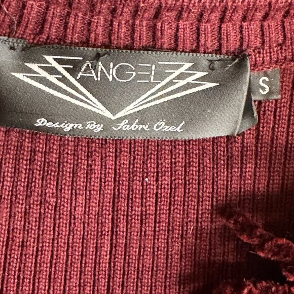 Angel Sabri Ozel Cardigan Sweater Womens S Burgundy‎ Fringe Collar Ribbed Button - Picture 6 of 7